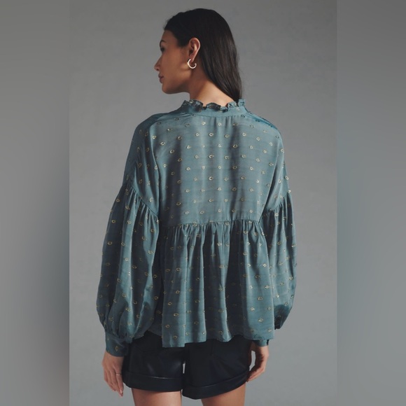 By Anthropologie Women’s Ruffled Peasant Blouse in Blue/Gold Metallic M - Picture 4 of 16